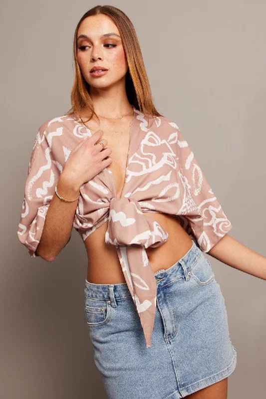 Deal Explosion Beige Abstract Tie Up Bolero Short Sleeve