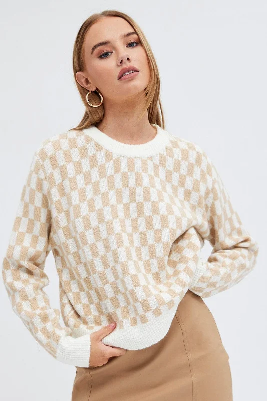 Sneak Peek Sale Beige Check Knit Jumper Long Sleeve