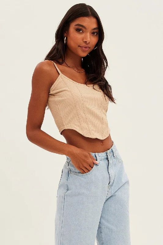 Savings Event Beige Corset Singlet Sleeveless Scoop Neck Rib Jersey