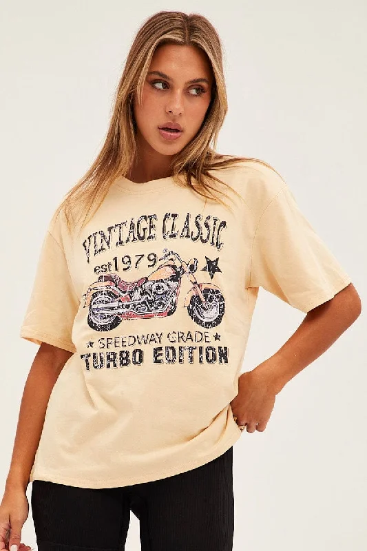 Special Price Beige Graphic Short Sleeve Oversized T Shirt