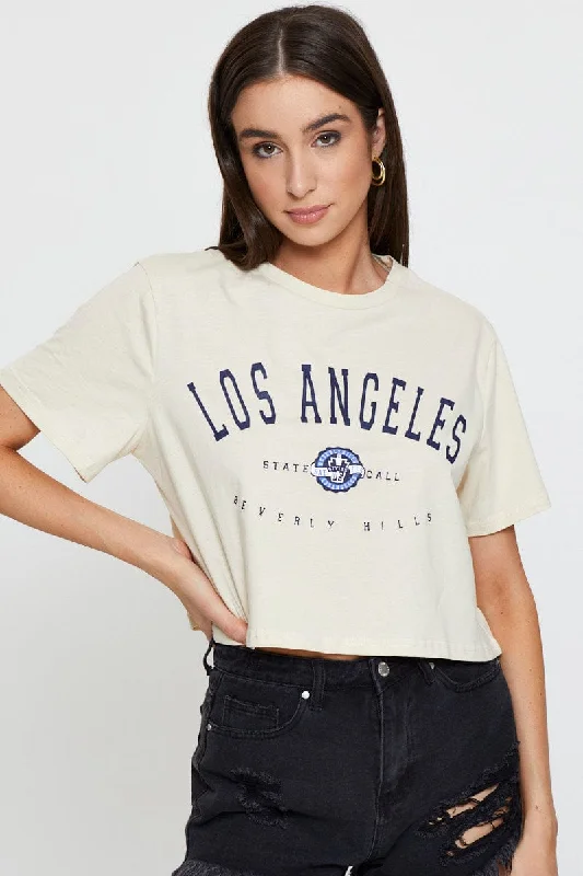 Overstock Sale Beige Graphic T Shirt Short Sleeve Crop