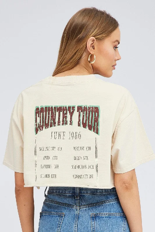 Reduced Prices Beige Graphic Tee Short Sleeve Crop Crew Neck