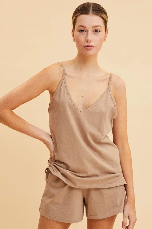 Bonus Savings Beige V Neck Singlet Cotton Relaxed Fit