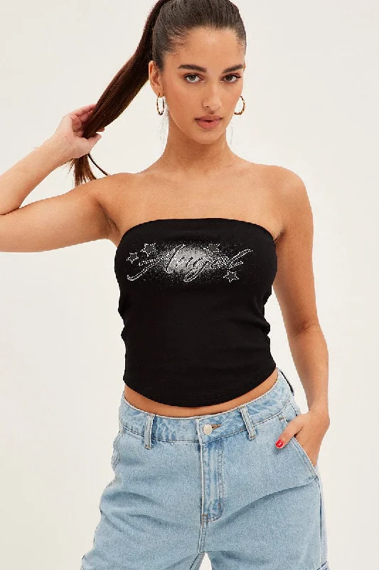 Daily Deals Black Bandeau Top Sleeveless Strapless Diamantes Angel