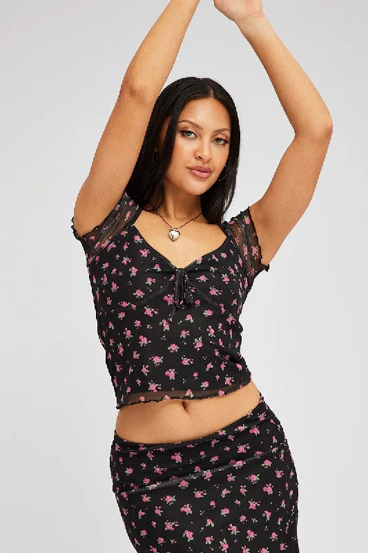 Weekend Deal Black Ditsy Mesh Top Short Sleeve