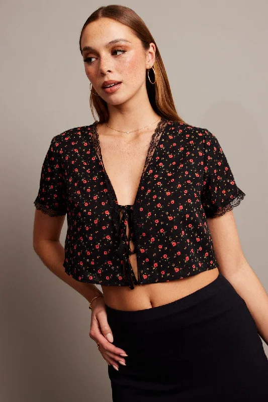Sale Event Black Ditsy Tie Cardigan Short Sleeve