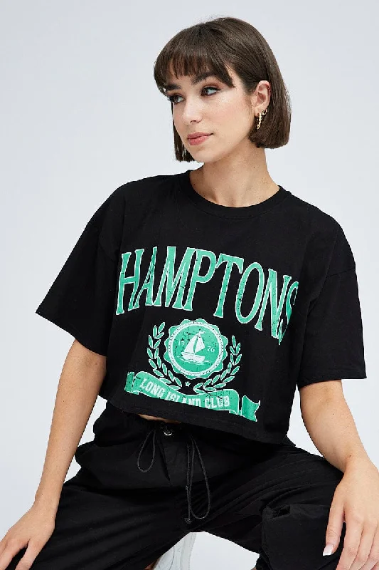 One-DAY Sale Black Graphic Crop T Shirt Short Sleeve Crew Neck