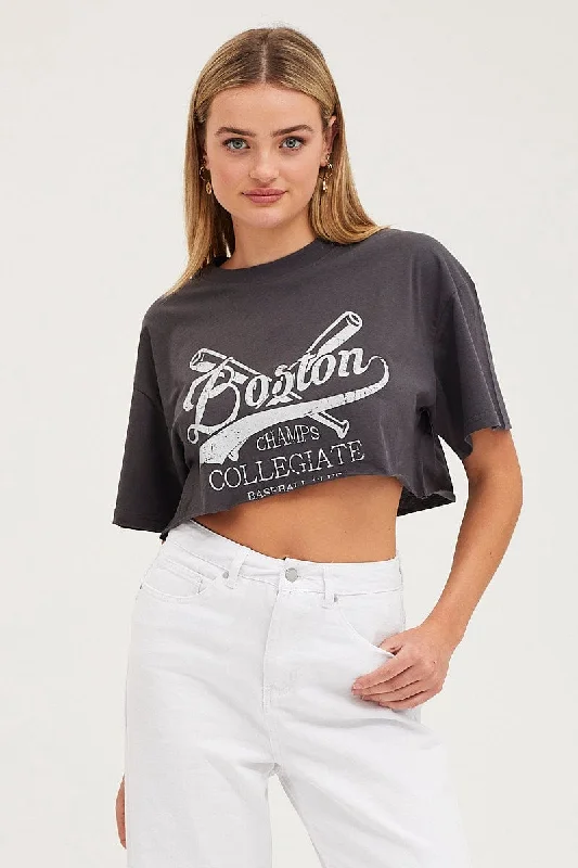 Warehouse Sale Black Graphic T Shirt Short Sleeve Crop Crew Neck