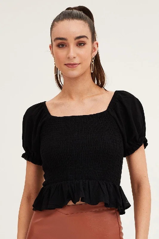 Act Now Black Puff Sleeve Shirred Top