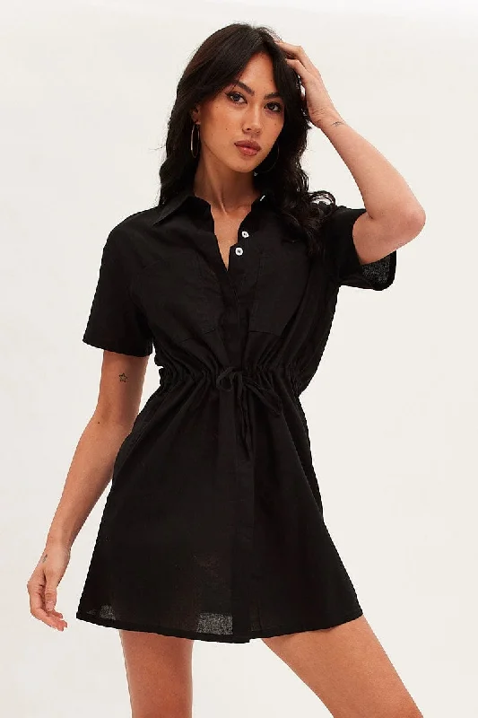 Don’t Miss Out Black Shirt Dress Pocket Short Sleeve Button Front