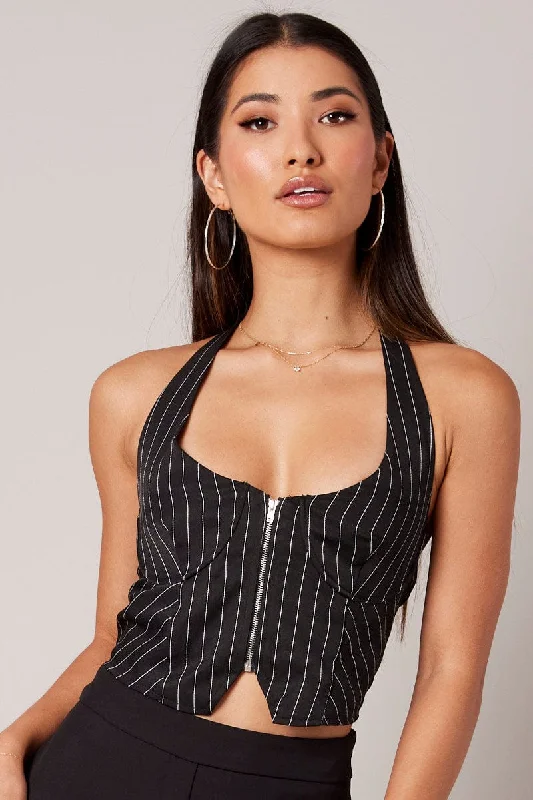 Discount Mania Black Stripe Halter Top Underwire Pinstripe Crop Top