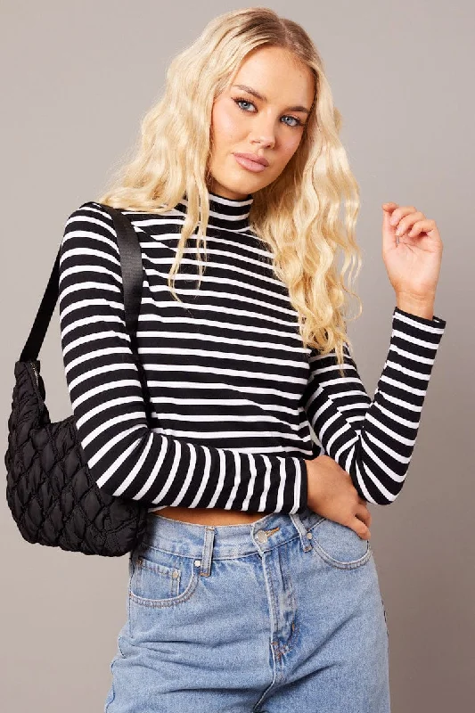 Savings Bonanza Black Stripe Top Long Sleeve High Neck