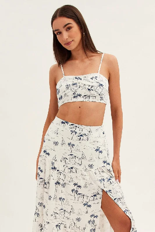 Final Markdown Blue Abstract Crop Top Adjustable Straps Printed Satin