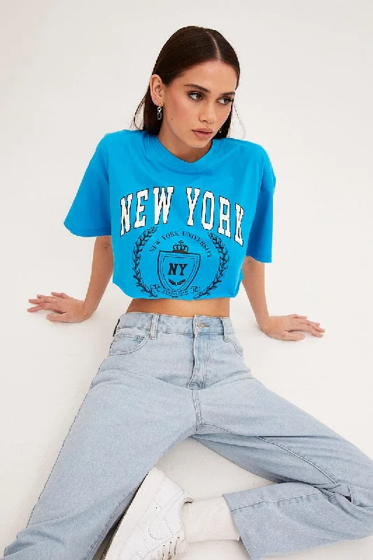 Bargain Bin Blue Crop T Shirt Short Sleeve Crew Neck New York