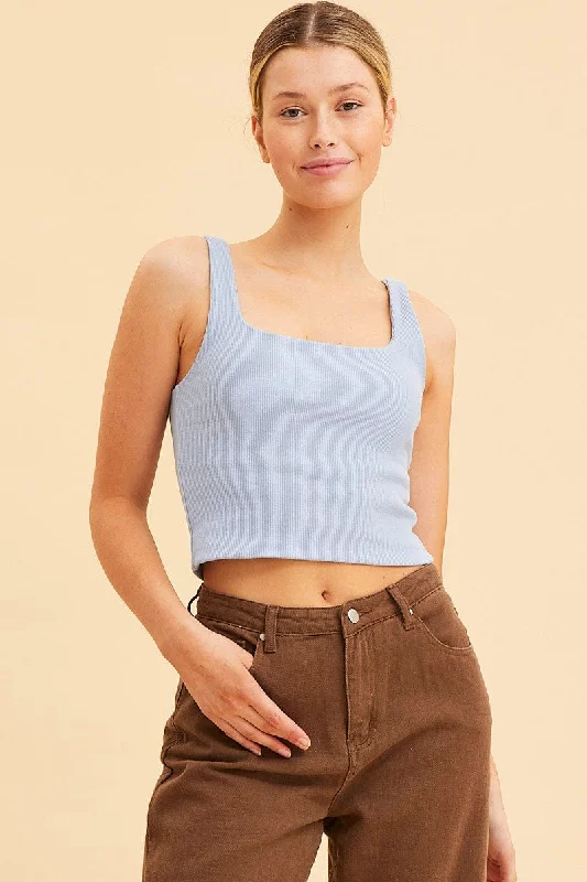Inventory Reduction Blue Crop Tank Square Neck Cotton Blend Rib