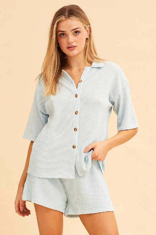 Steals and Deals Blue Sabine Oversized Textured Lounge Short Sleeve Top