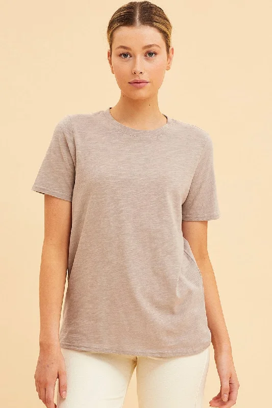 Stock Clearance Brown Cotton T-Shirt Slub Crew Neck Regular Fit