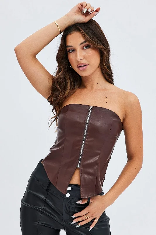 Savings Galore Brown PU Corset Sleeveless Strapless Butterfly Top