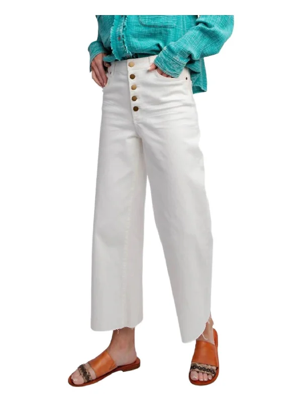 Take Advantage Button Fly Wide Leg Twill Raw Hem Trousers In Ecru