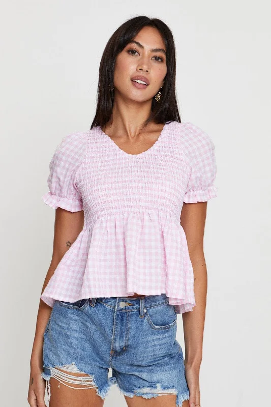 Incredible Offers Check Puff Sleeve Top Short Sleeve