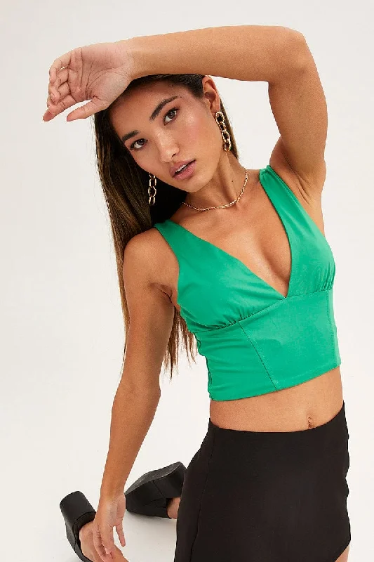 Act Fast Green Corset Detail Top Sleeveless Crop Slinky Jersey