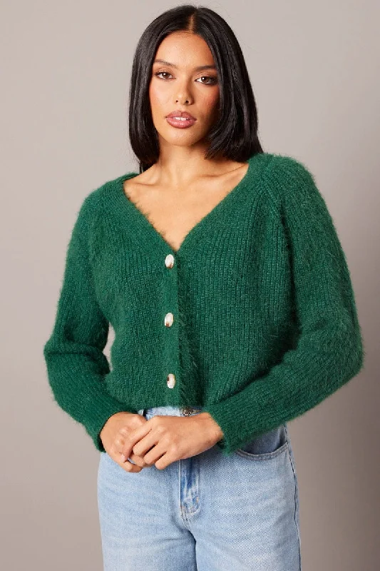 Price Fest Green Fluffy Knit Cardigan V Neck