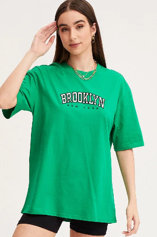 Markdowns Green Graphic T Shirt Short Sleeve Embroided