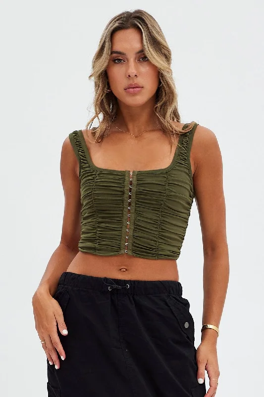 YEAR-End Clearance Green Lace Up Top Sleeveless Mesh