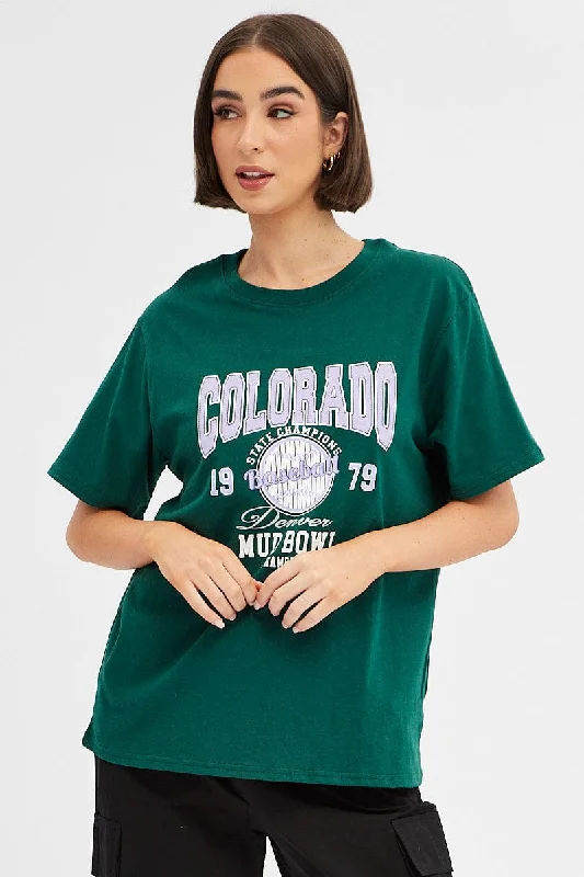 Extra Savings Green Tee Round Neck Short Sleeve Graphic Print