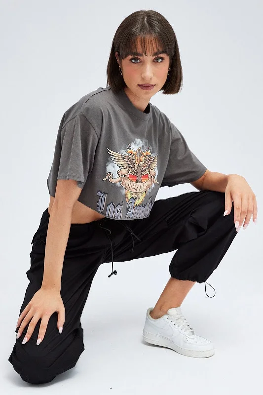 Great Deals Grey Crop Tee Short Sleeve Graphic Eagle