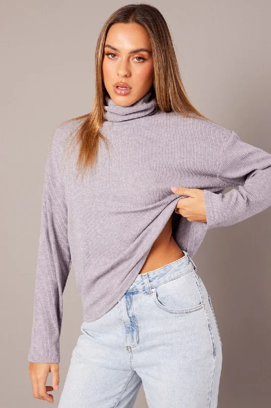Limited Time Grey Top High Neck Long Sleeve Relaxed Fit Rib Jersey