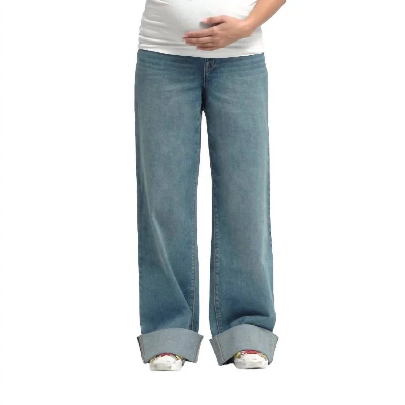 Overstock Maternity Roll Cuff Wide Leg Jean With Bellyband In Willa