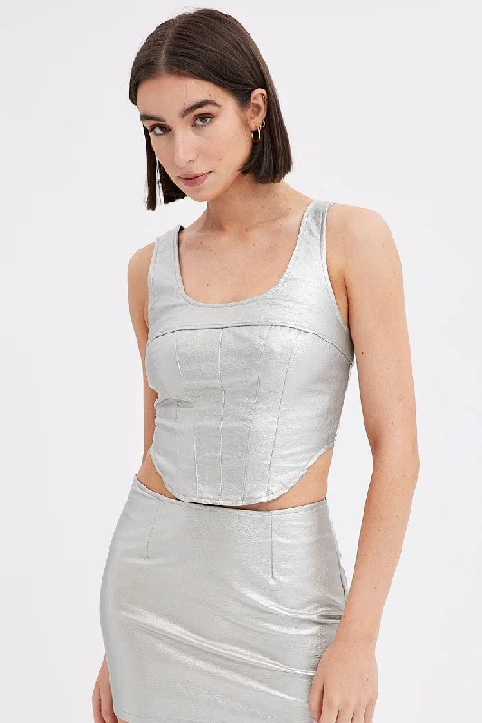 Buy Now Metallic Corset Top Sleeveless Scoop Neck PU Silver
