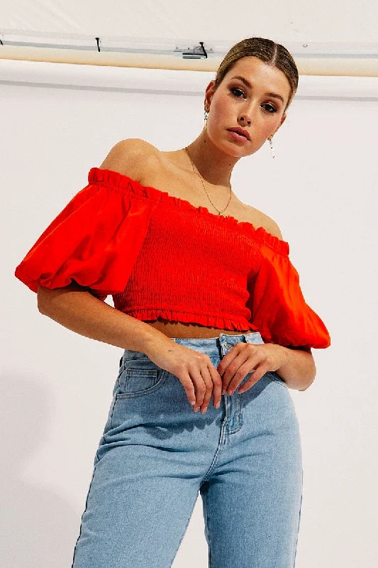 Final Clearance Orange Shirred Top Volume Short Sleeve Crop Linen Blend