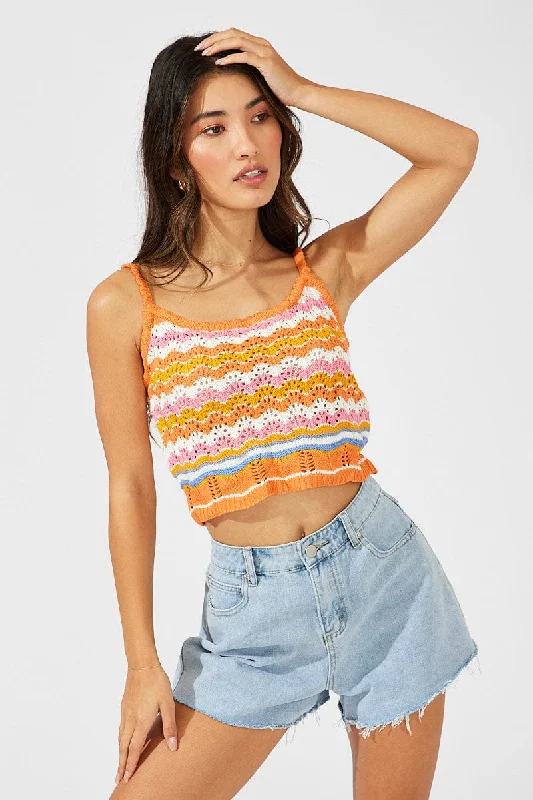New Markdowns Orange Stripe Knit Singlet Sleeveless Scoop Neck Crochet