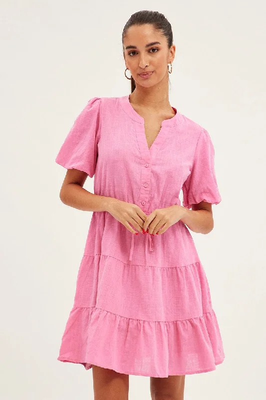 Amazing Deals Pink Shirt Dress Short Sleeve V-Neck Tiered