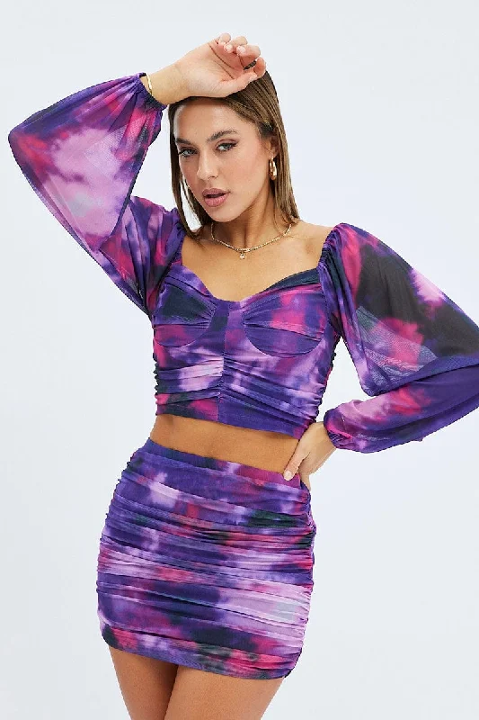 Fantastic Deals Purple Abstract Top Long Sleeve Abstract Print Mesh