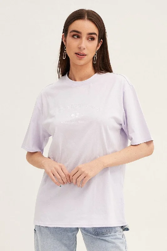 Closeout Sale Purple Embroidered Crew Neck Oversized Tee