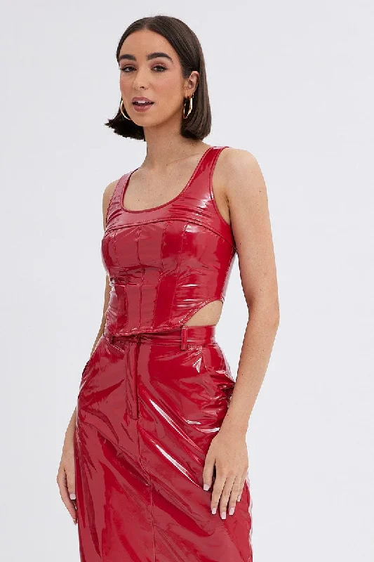 Can't Miss Red Corset Top Sleeveless Square Neck PU Patent