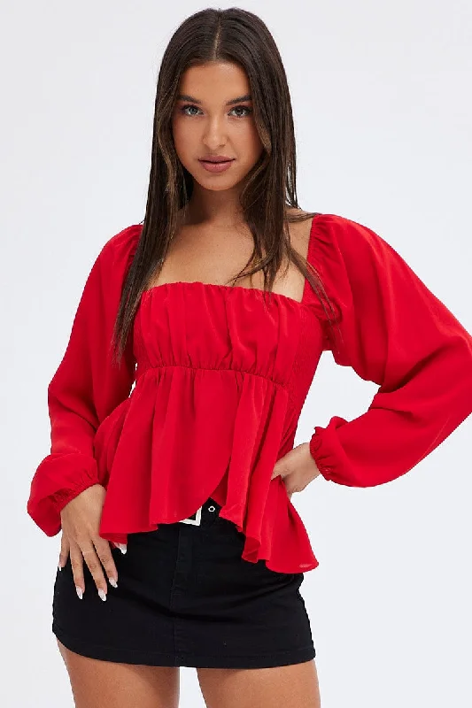 Savings Bonanza Red Top Long Sleeve Square Neck Shirred Ruched
