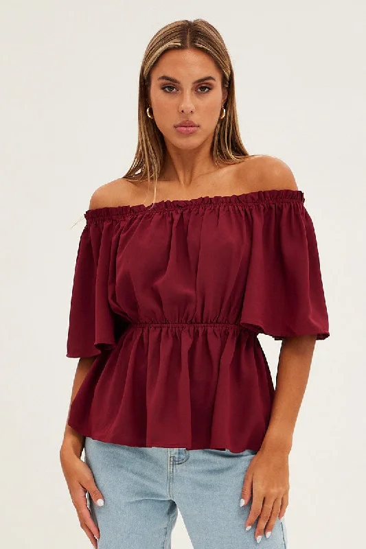 Price Drop Alert Red Top Short Sleeve Off Shoulder Longline Flutter