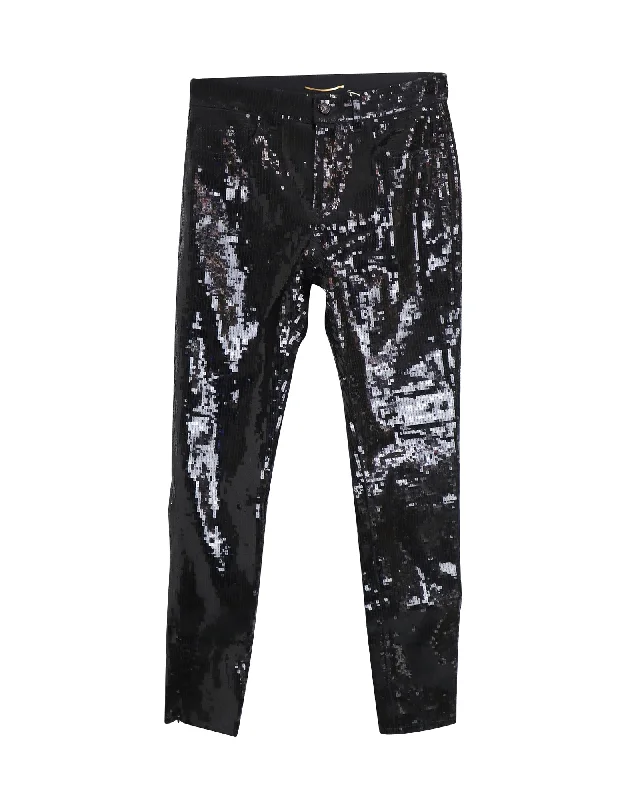 Flash Sale Saint Laurent Sequined Straight Pants in Black Cotton