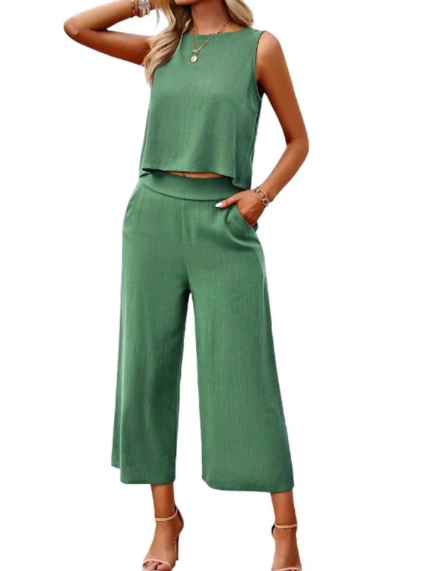 Discount Extravaganza Sleeveless Cropped Top And Wide Pants Set In Green