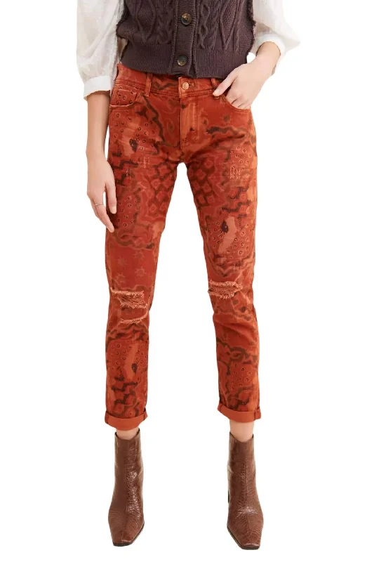 Buy Now Slim Boyfriend Crop Pants In Orange Motif