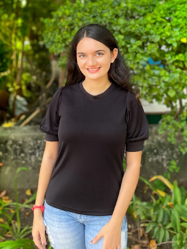 Limited Time Offer Plus Cotton Solid Stretchable Puff Sleeve Top