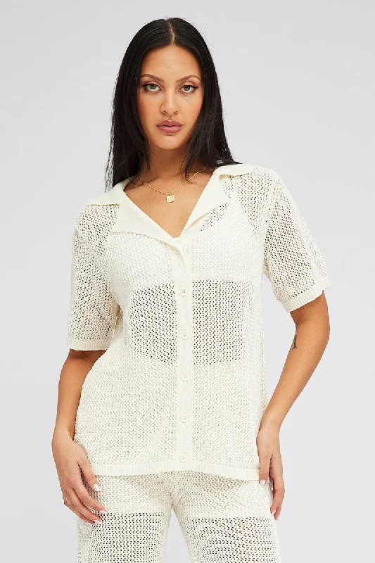 Mega Sale White Collar Knit Top Short Sleeve