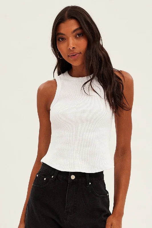 Huge Discounts White Crew Tank High Neck Curved Hem Sleeveless