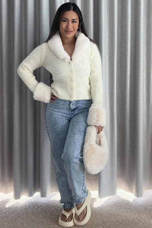 Year-End Clearance White Knit Cardigan Fur Trim