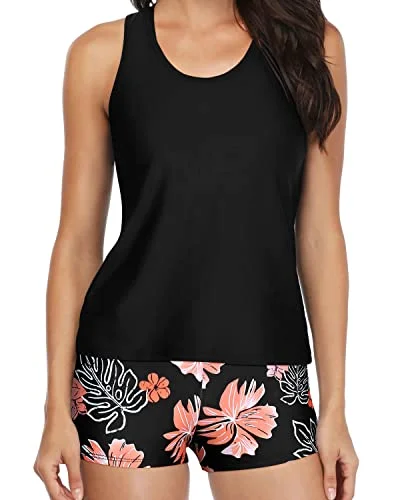Reduced Prices Athletic Tankini Teen Bathing Suit Boy Shorts 3 Piece Sets For Women-Black Orange Floral