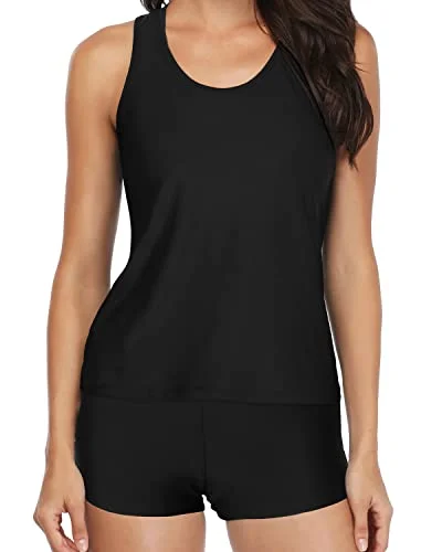 Super Sale Trendy 3 Piece Tankini Swimsuits For Women Boyshorts-Black
